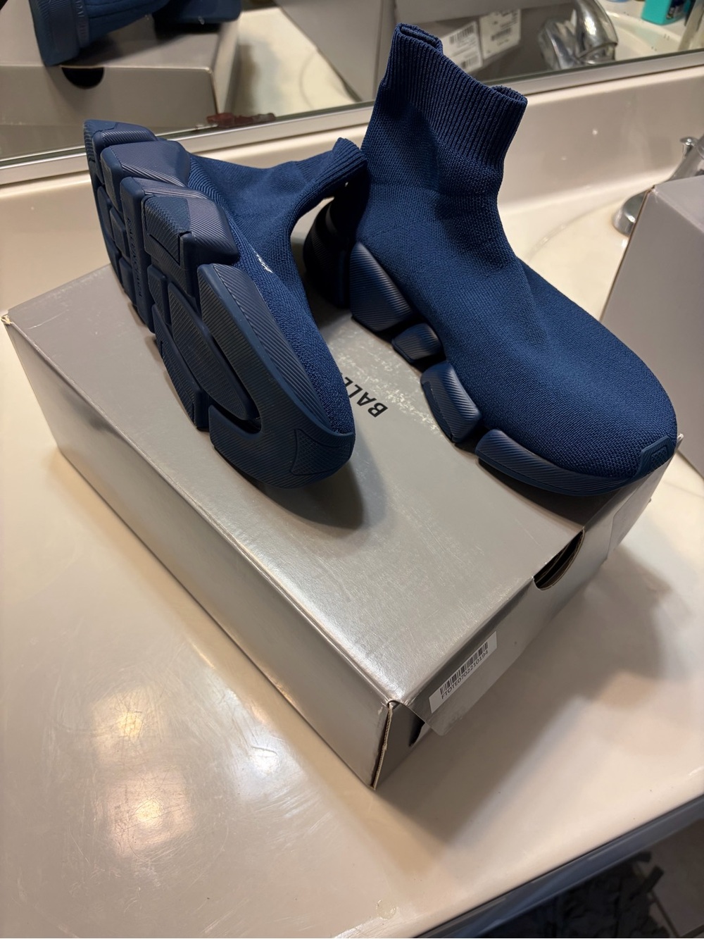 Balenciaga Navy Knit Sock Sneakers for Women